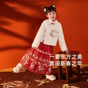 [远红外]女童唐装大童新年加绒汉服套裙宝宝红色冬装新中式马面裙