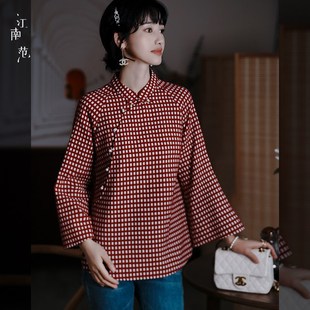 江南范新中式复古民国风改良格子旗袍上衣春秋2023新款红色小衫