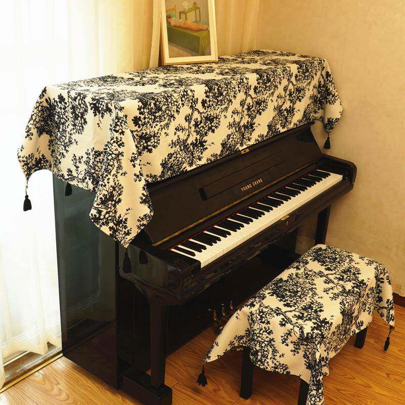 高档现代简约黑色水墨梅花长方形钢琴盖布现代简约轻奢防尘罩盖巾