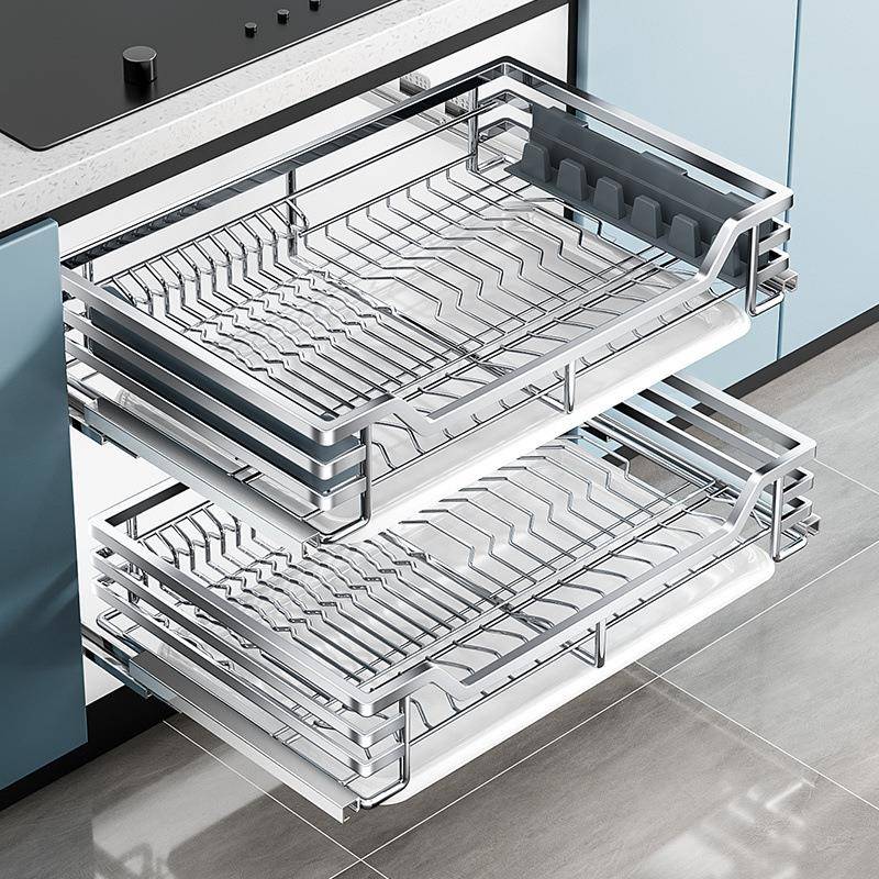 牧歌仕拉篮厨房橱柜抽屉式碗篮304不锈钢方钢双层调料柜厨柜碟碗