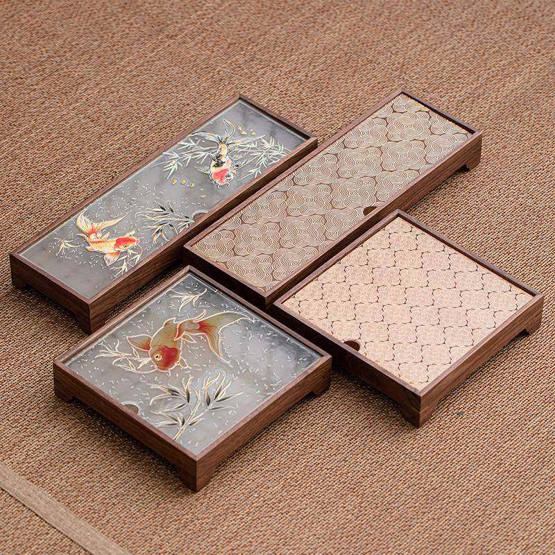 复古木质海棠花托盘家用长方形玻璃茶盘高颜值水果点心装饰收纳盘,电子元器件市场,其它元器件,淘宝优惠券,粉丝福利购,淘宝优惠卷