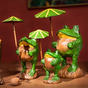 东南亚风全实木青蛙打伞桌面摆件玄关电视柜办公室装饰品客厅创意
