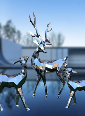 不锈钢小鹿雕塑定制金属镜面母子园林景观鹿切片户外几何装饰落地