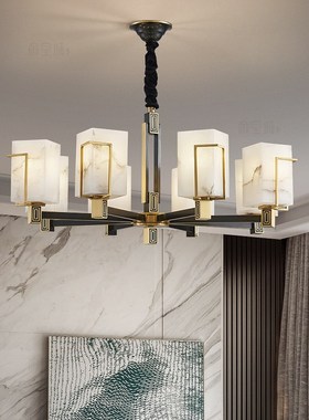 新中式复式楼大吊灯客厅挑空别墅楼中楼中空新款铜云石大厅主灯具