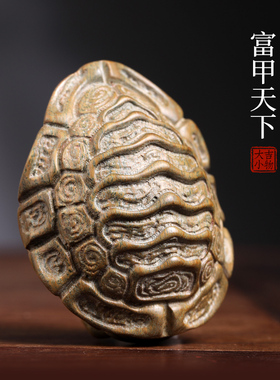 天然绿檀木雕刻富甲天下龟壳摆件文玩手把件家居装饰品创意工艺品
