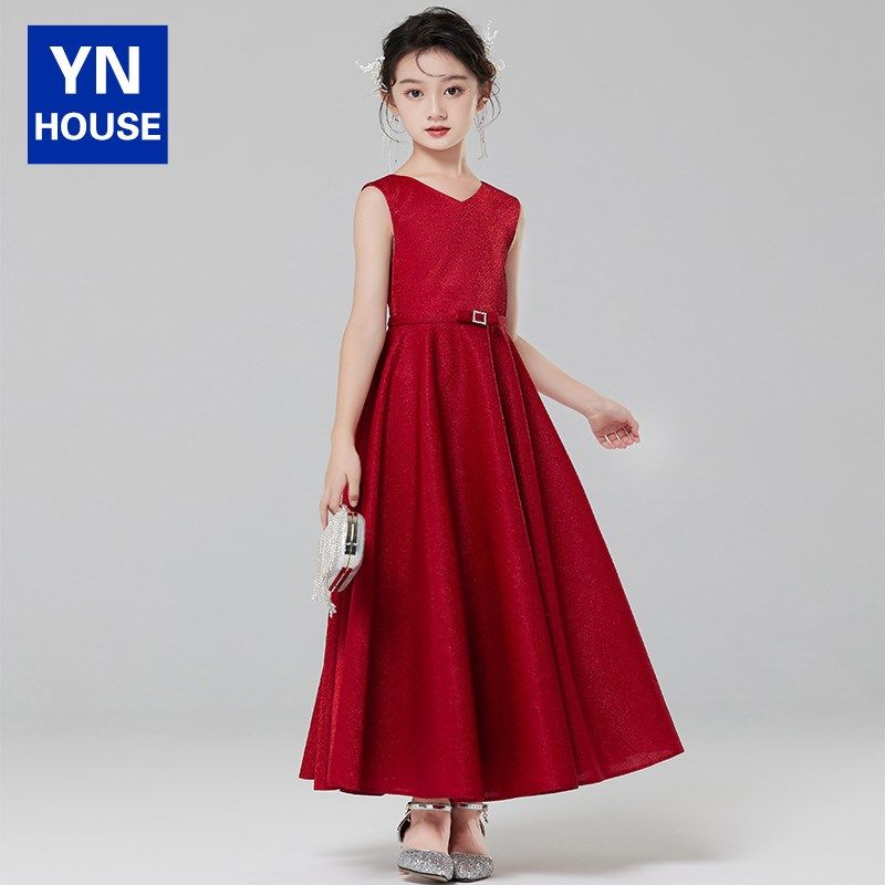 女童晚礼服红色小女孩高端花童公主裙儿童小主持人钢琴演奏演出服