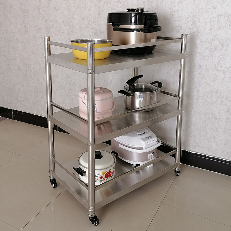 三层带轮围栏不锈钢厨房置物架柜可移动微波炉架锅厨具收纳架货架
