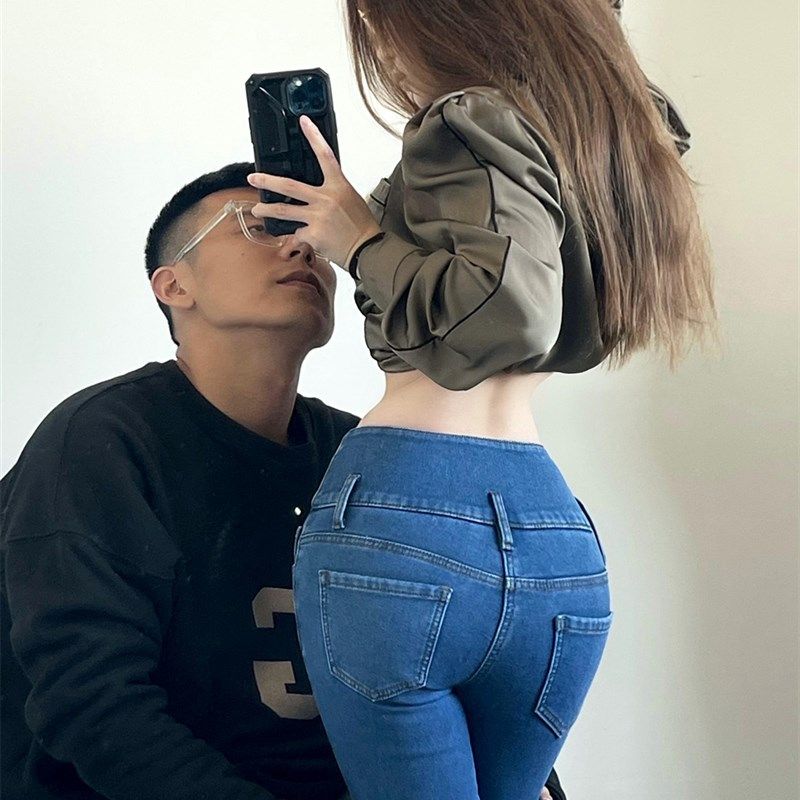 2022 早春新款加绒高腰四粒扣牛仔长裤女显瘦提臀高弹小脚铅笔裤