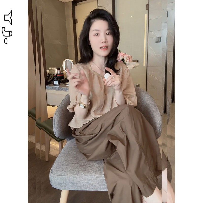 法式轻熟风微胖显瘦穿搭一整套2024新款中袖上衣阔腿裤两件套女装