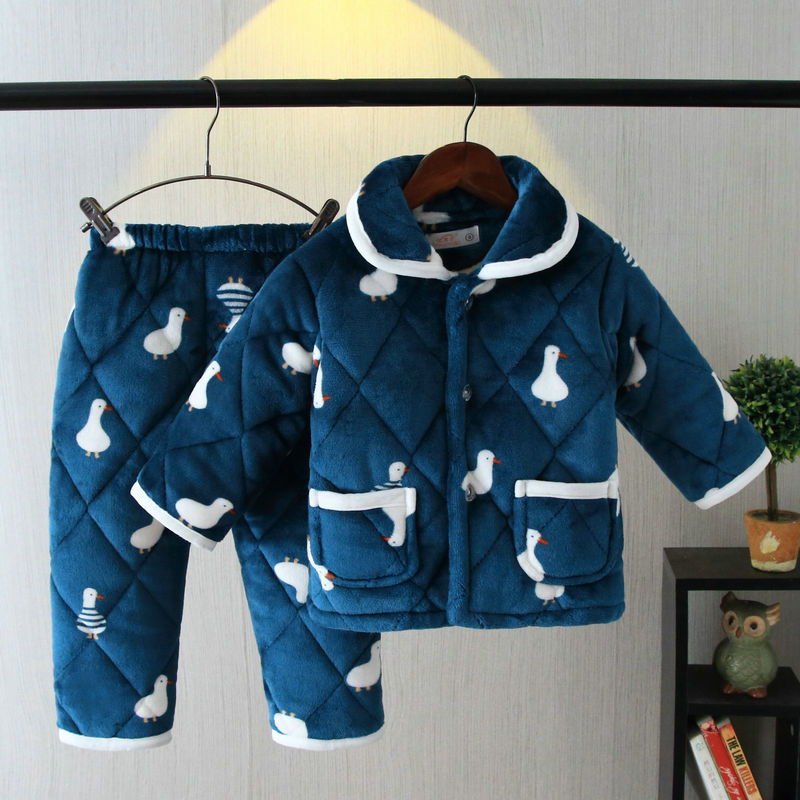 冬季儿童睡衣三层加厚夹棉男孩女童中大宝宝珊瑚绒家居服套装亲子