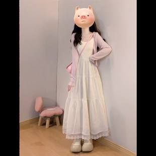 两件套装女春季初恋风穿搭小个子白色吊带连衣裙粉色薄款针织开衫