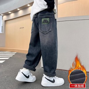 男童牛仔裤新款儿童宽松加绒长裤一体绒保暖裤子中大童厚绒弹力软