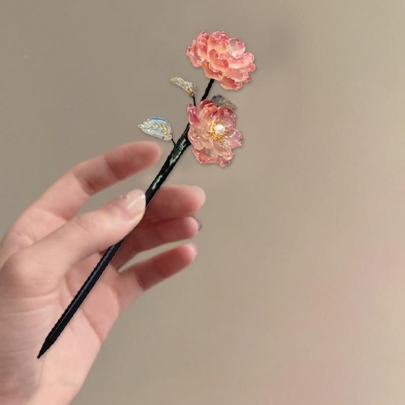 古典美!新中式发簪!琉璃牡丹花盘发木簪发饰丸子头古风汉服配饰