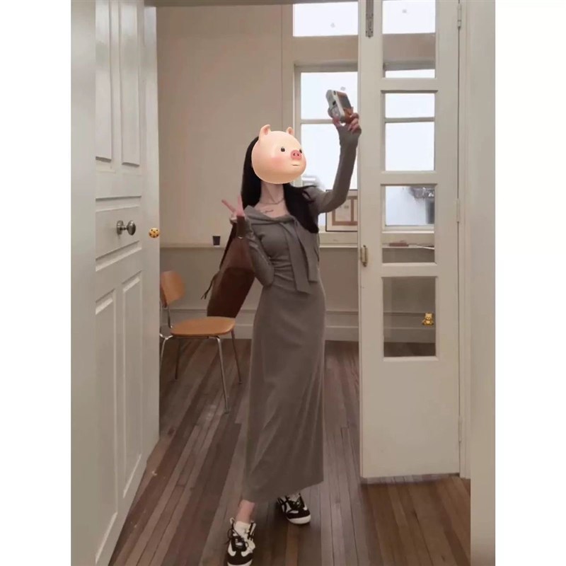 假两件系带披肩长袖连衣裙春秋收腰显瘦内搭打底包臀配大衣长裙子