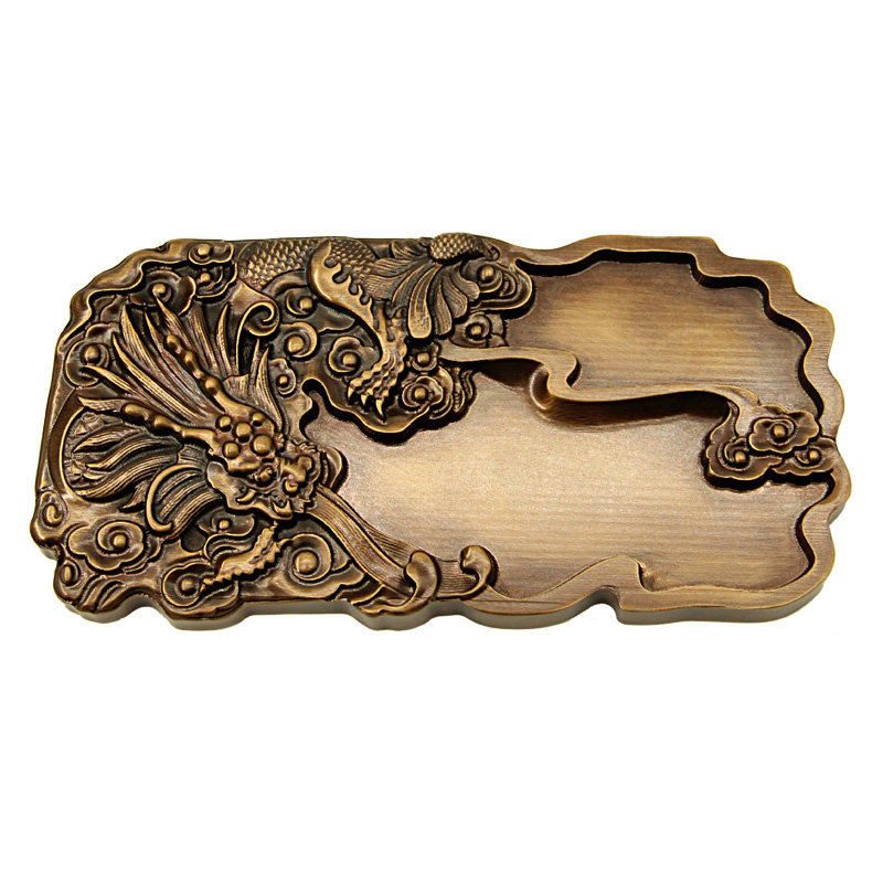 明色朱肉黄铜砚台祥龙戏水仿复古高档文房四宝用品学生用水墨国画