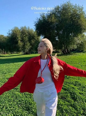 设计感2024新款红色polo领灯芯绒衬衫外套女秋季宽松薄外套上衣