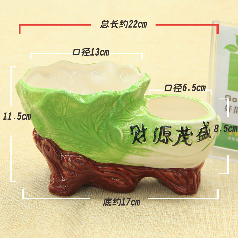 发财树陶瓷花盆财源茂盛个性创意欧式大白菜造型双口连体多肉花盆