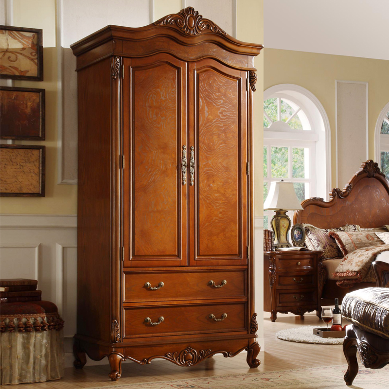 美式实木两门衣柜卧室家具衣服收纳柜子 家用欧式复古雕花大衣橱