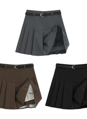 大码灰色百褶裙西装料高腰显瘦短裙设计感腰带a字裙春夏遮肚裙子