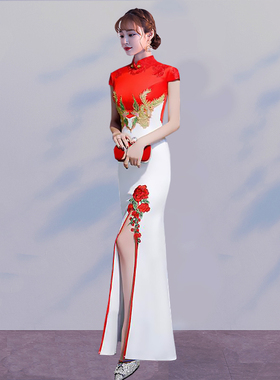 新款前开叉修身旗袍裙2021春秋季走秀演出主持晚礼服撞色时尚复古