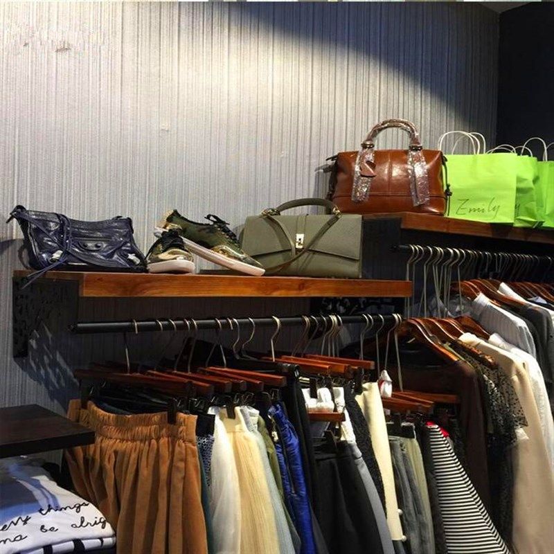 服装店上墙壁挂服装展示架实木铁艺服装挂衣架鞋包货架男女装衣架