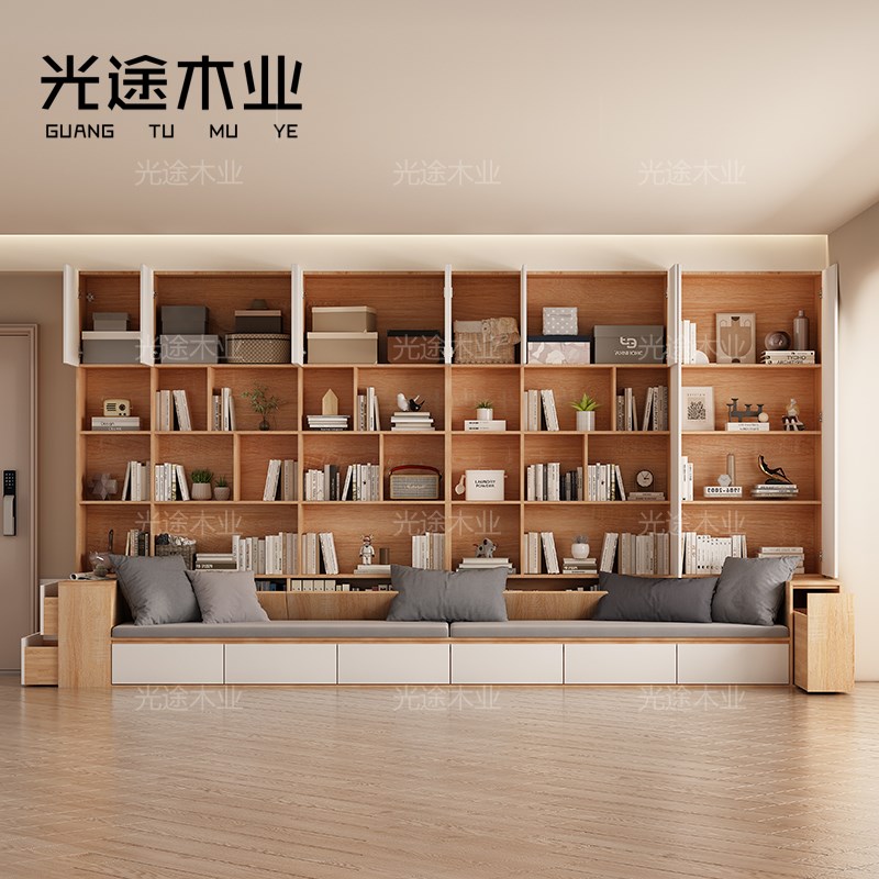 沙发书柜一体客厅墙柜书橱组合家用多功能卡座书架背景储物柜定制