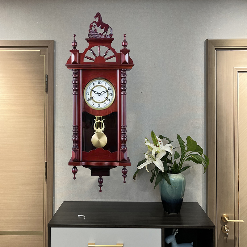 纯铜机械钟实木马到功成挂钟整点报时座钟发条老式座钟打响台钟表