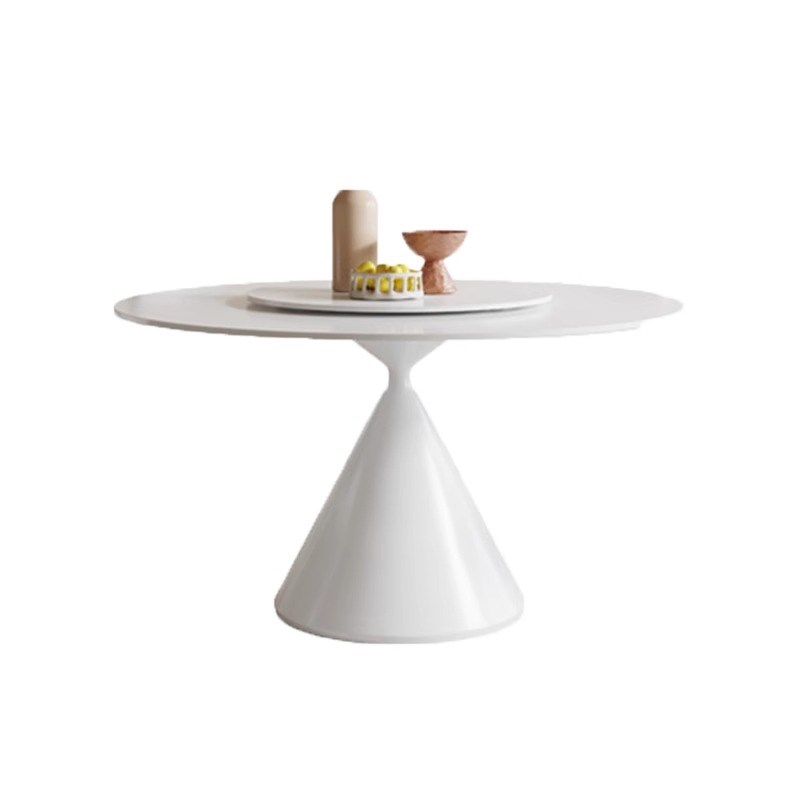 意式极简小户型家用内嵌式转盘岩板圆桌纯白岩板餐桌椅组合