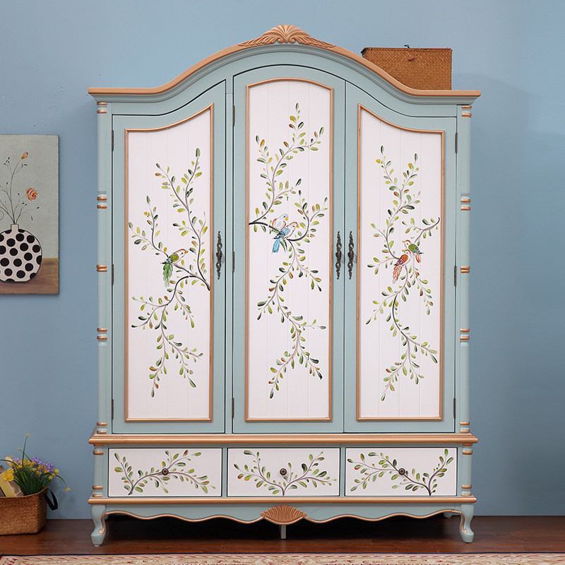 美式实木衣柜卧室彩绘三门大衣柜田园复古两门衣橱欧式储物大衣橱