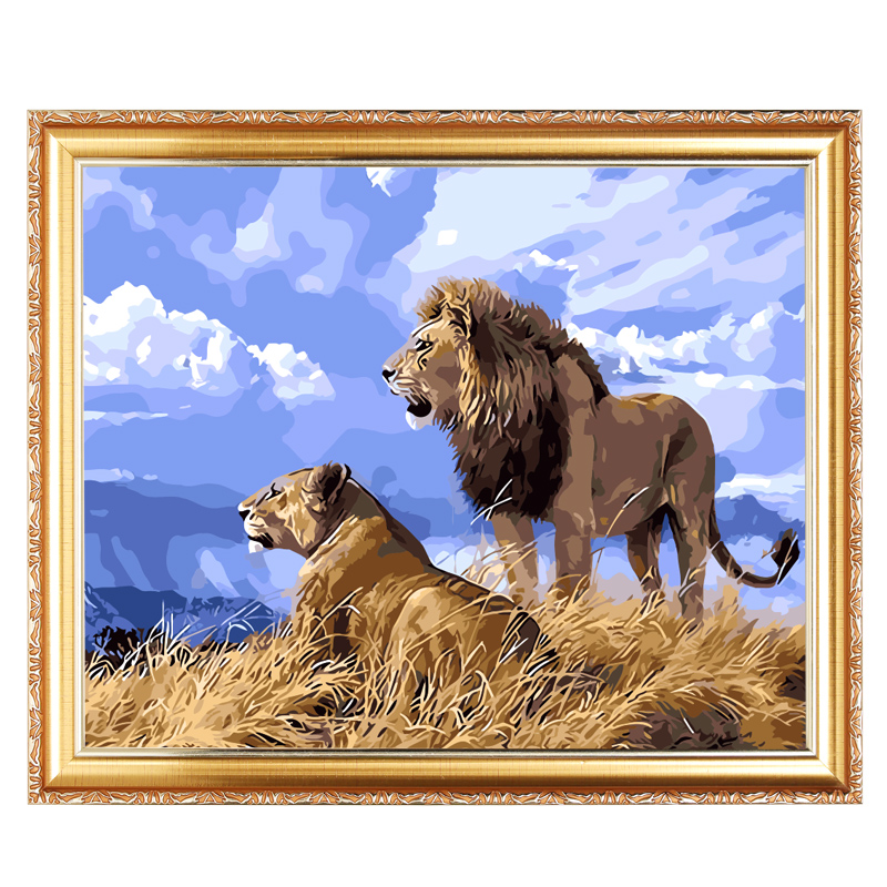 diy数字油画动物狮子自己上色手工绘涂画填色解闷减压装饰油彩画