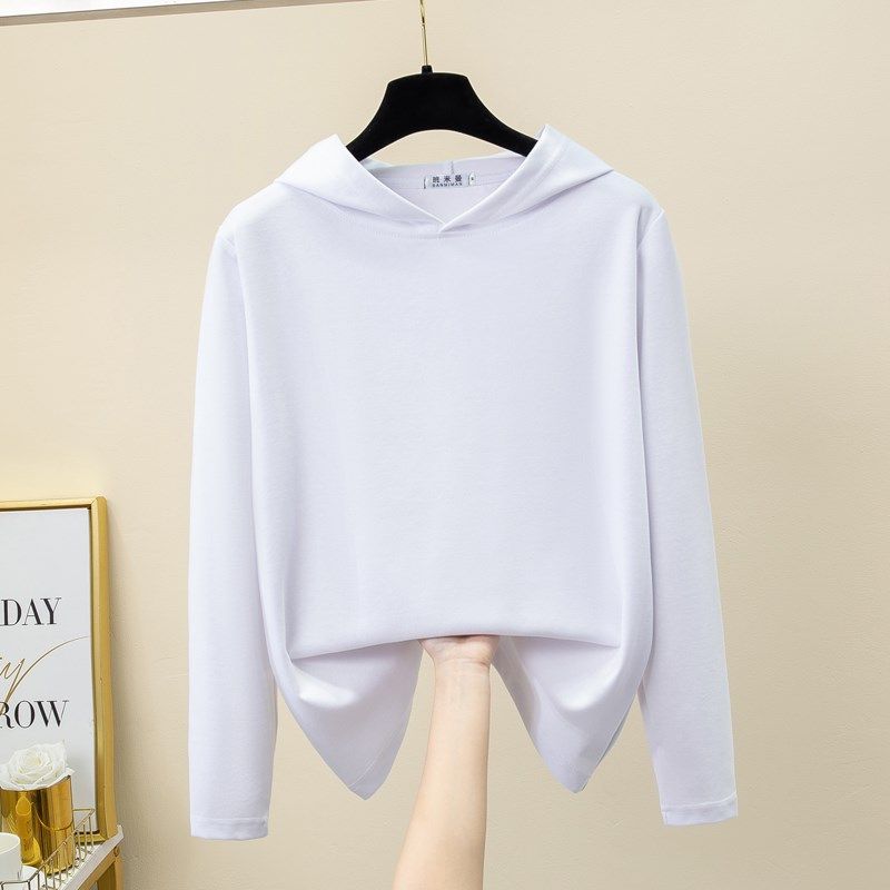 2024新款春秋白色连帽长袖t恤女薄款宽松大码带帽卫衣夏纯棉帽衫