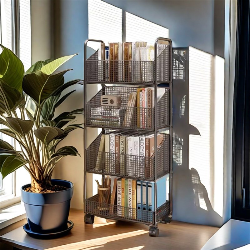 落地学生放书书架铁艺带轮办公室包小推车桌旁收纳架可移动置物架