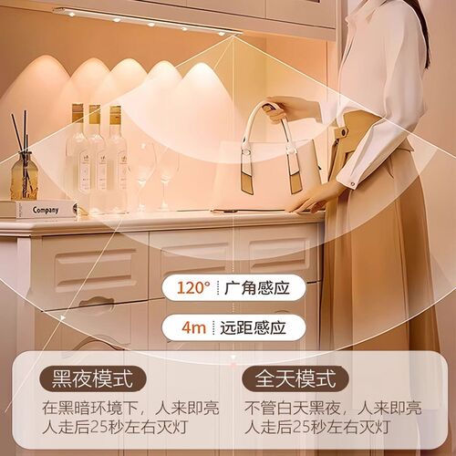 人体感应LED橱柜灯带小山丘充电式磁吸无线自粘客厅酒柜鞋柜灯条