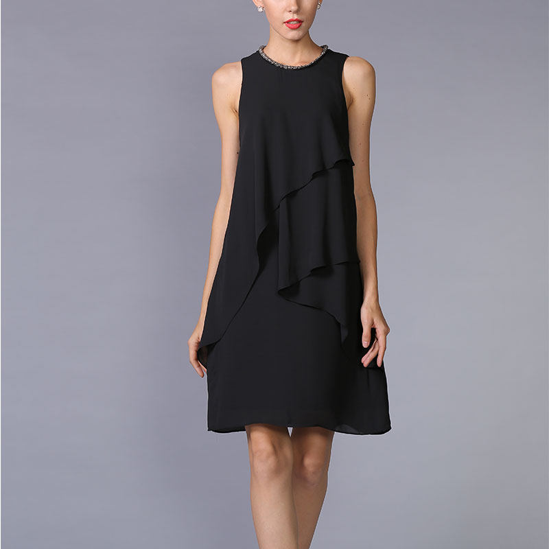 无袖背心吊带蛋糕挂脖式高端直筒a字黑色雪纺连衣裙女夏季小黑裙
