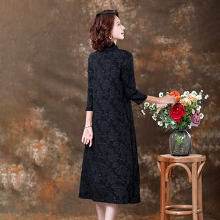 黑色A型摆新中式 新款 古风裙子 5XL蕾丝连衣裙女妈妈2024春装 大码