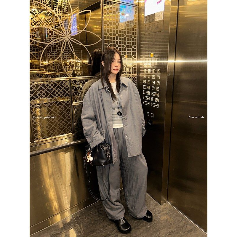 Moershop 精简保暖 简约棉衬衫阔腿裤套装女冬季加厚高级感套装