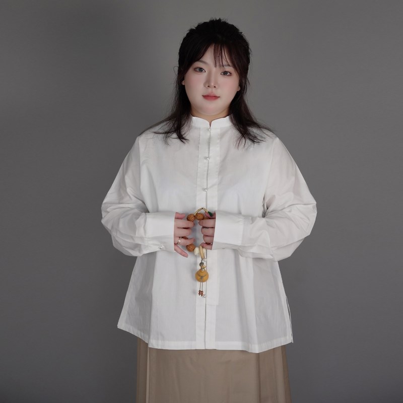 随淇自然晨曦胖mm大码日常汉服新中式白衬衫卡其短马面裙上班穿