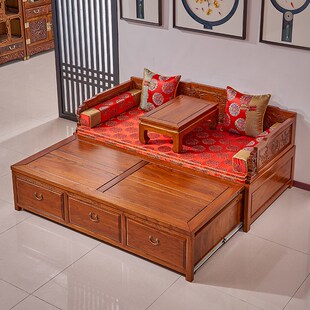 新中式 榆木推拉罗汉床实木多功能伸缩两用沙发床储物小户型罗汉榻