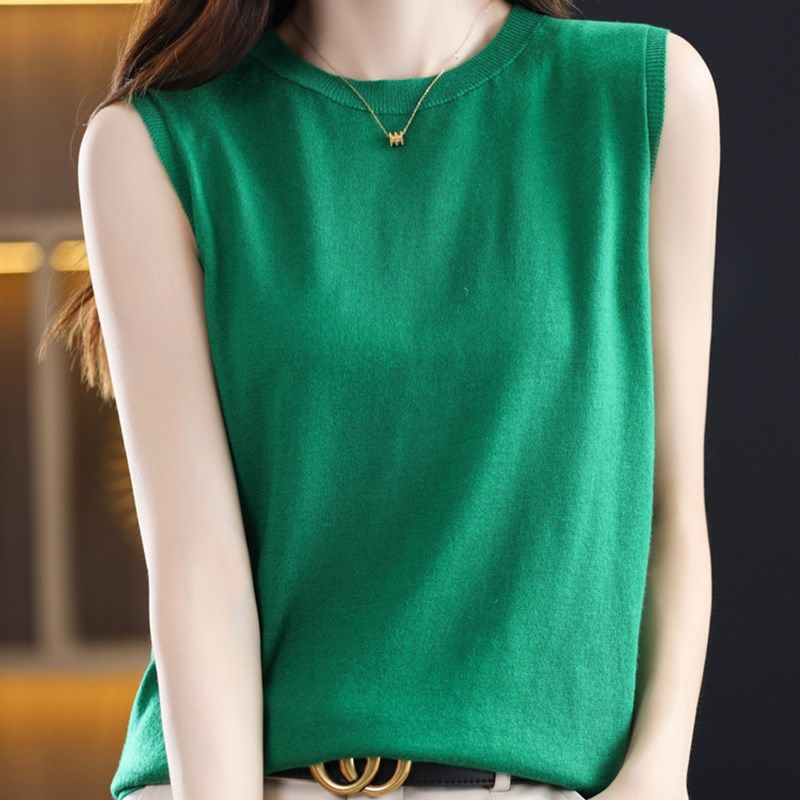 春秋季新款宽松套头女圆领针织羊毛衫内搭无袖上衣背心百搭打底衫