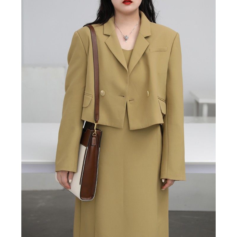 CV大码女装 早秋复古气质双排扣西装外套开叉V领吊带连衣裙套装秋,女装/女士精品,时尚套装,淘宝优惠券,粉丝福利购,淘宝优惠卷