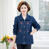 中老年牛仔外套女春秋款 纯棉奶奶上衣加大码 全棉宽松妈妈装 夹克衫