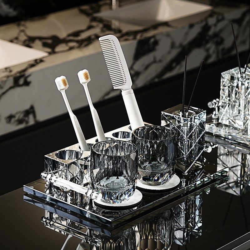 意式奢华水晶电动牙刷置物架别墅卫生间台面收纳托盘洗漱口杯套装