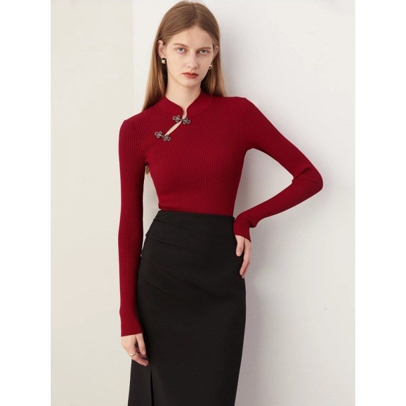 春新中式上衣复古红色毛衣小立领国风上衣修身针织衫女