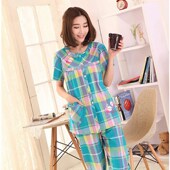 家居服套装 夏季 全棉薄款 大码 圆领格子梭织纯棉布睡衣女士短袖 长裤