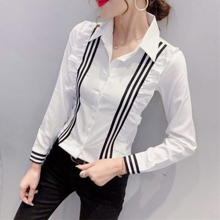 白色衬衫女长修身衬衣2021春夏装新款荷叶边时尚气质洋气打底小衫