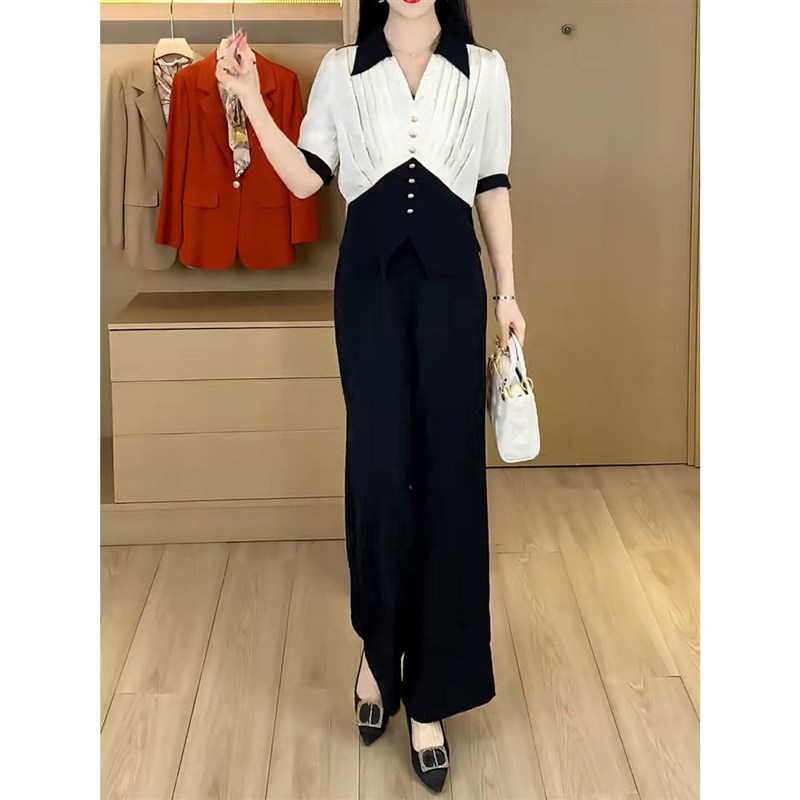 显瘦拼色衬衫上衣阔腿裤子两件套2025夏季新款时尚短袖套装女