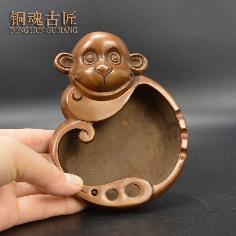 紫铜灵尾猴烟灰缸家居装饰摆件客厅茶几酒店办公室工艺品摆设铜器