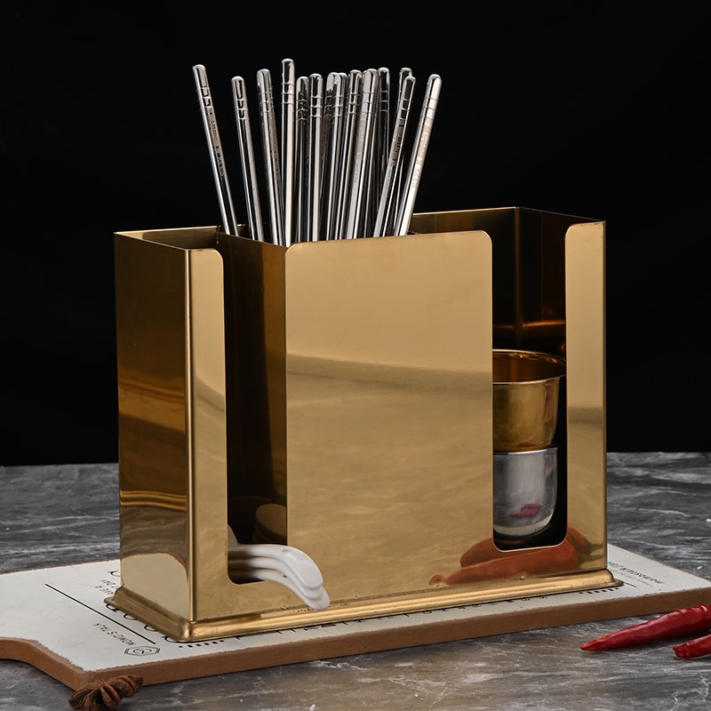 加厚不锈钢方形筷子筒汤匙盒收纳架商用金色餐厅饭店勺子架沥水筒