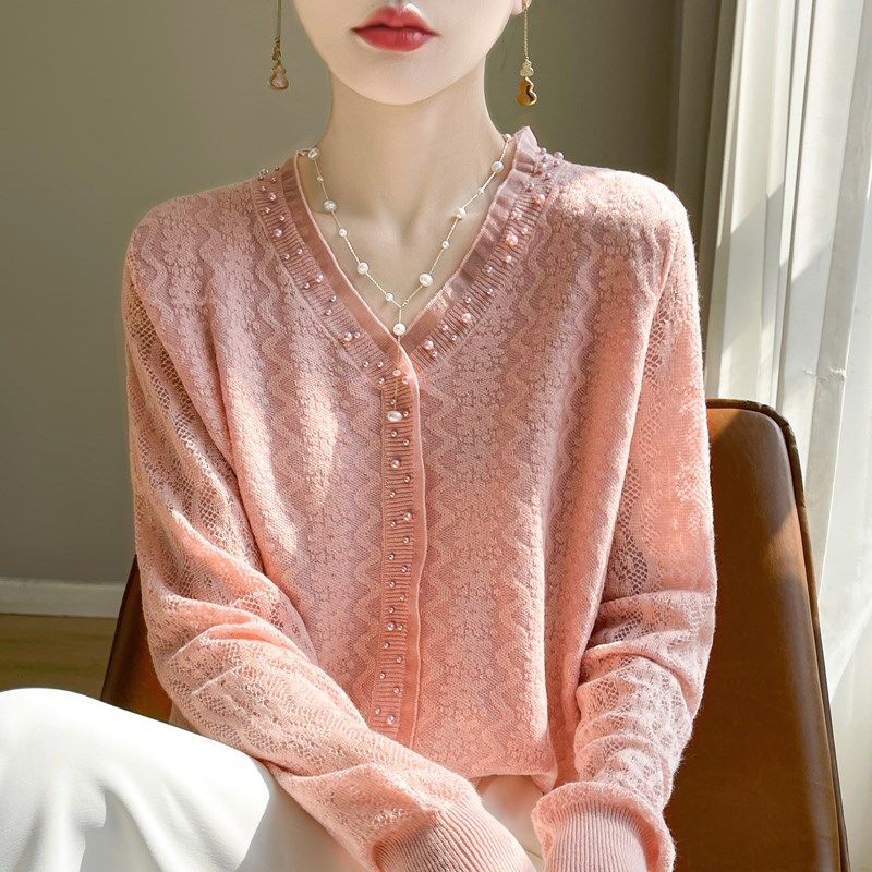 设计感蕾丝边V领钉珠精纺羊毛衫女薄宽松显瘦百搭针织上衣打底衫