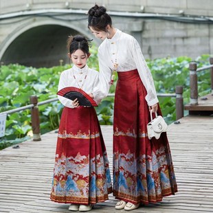 2024新款国风母女亲子装马面裙儿童汉服新中式上衣女孩红色套装秋